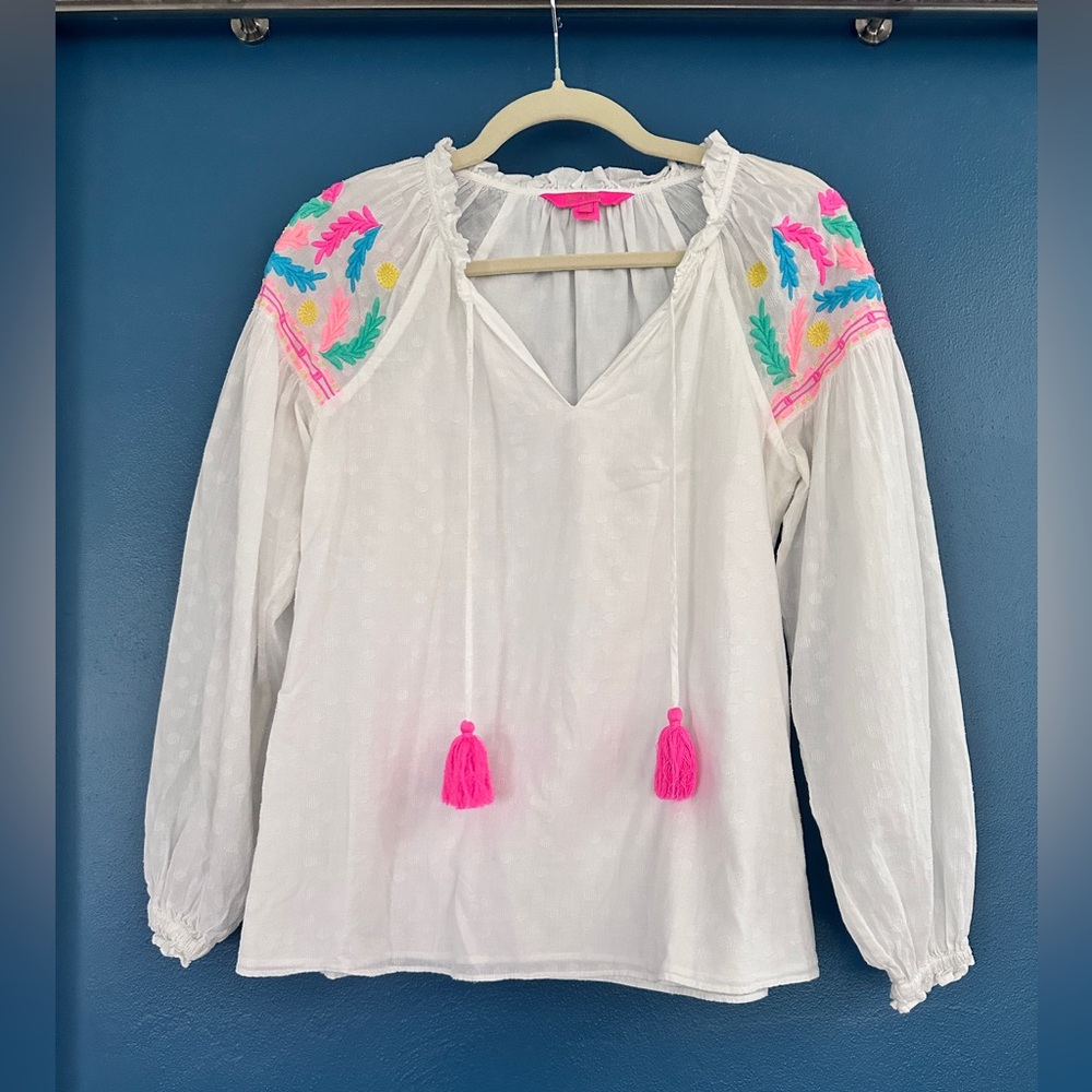 Lilly Pulitzer Embroidered White and Pink Long Sleeve Tunic